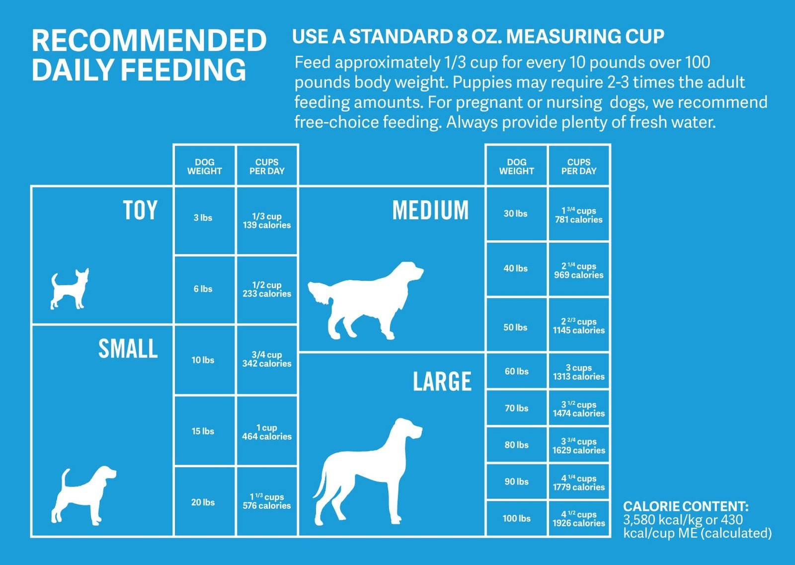 A large dog standing beside a food bowl and measuring cup.