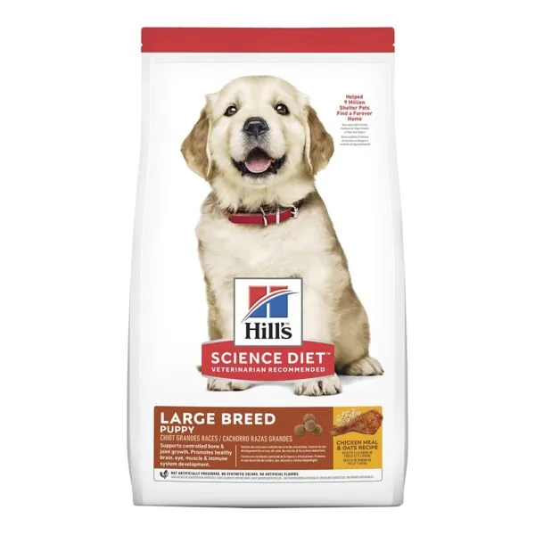 An open shipping box containing a bag of dog food on a porch.