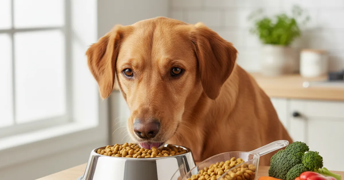 Premium dog food bags displayed on a wooden table with natural lighting