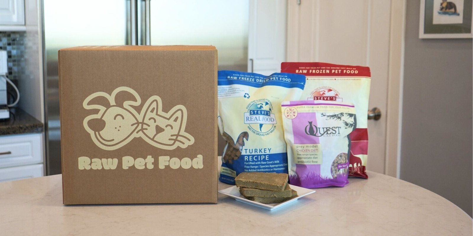 Premium frozen raw dog food package displayed on a clean kitchen countertop