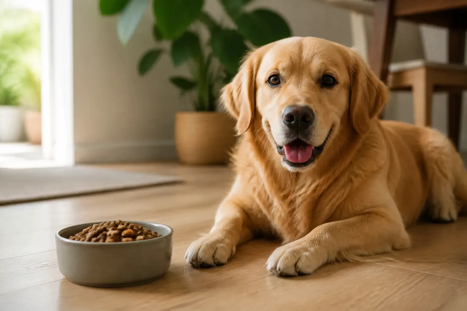 Reading the ingredient list on a bag of premium dog food.