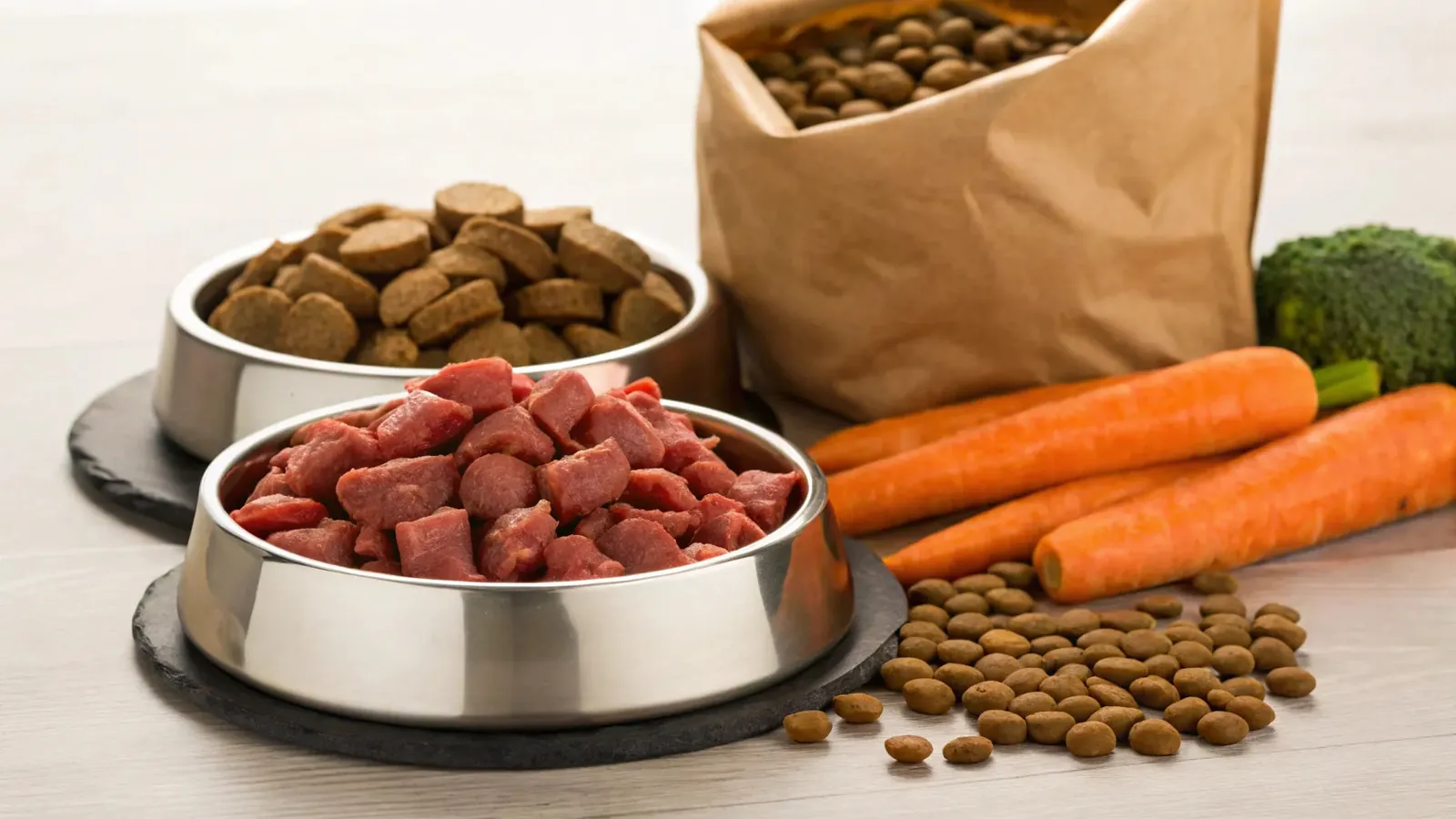 Small and large dog food bags compared on a wooden floor.