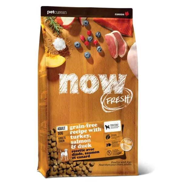 Specialized dog food bags arranged on a boutique wooden counter.