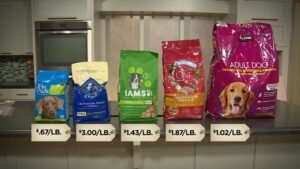 A supermarket aisle lined with many different dog food brands on shelves.