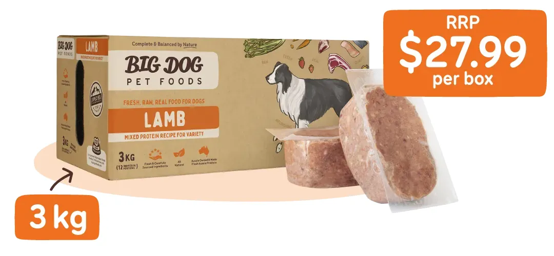 Three bowls of different dog food types on a wooden kitchen counter.