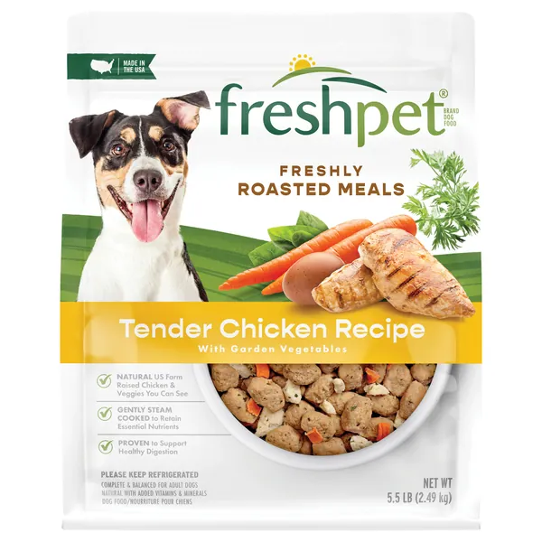 Three dog food bags showing size comparison on oak counter