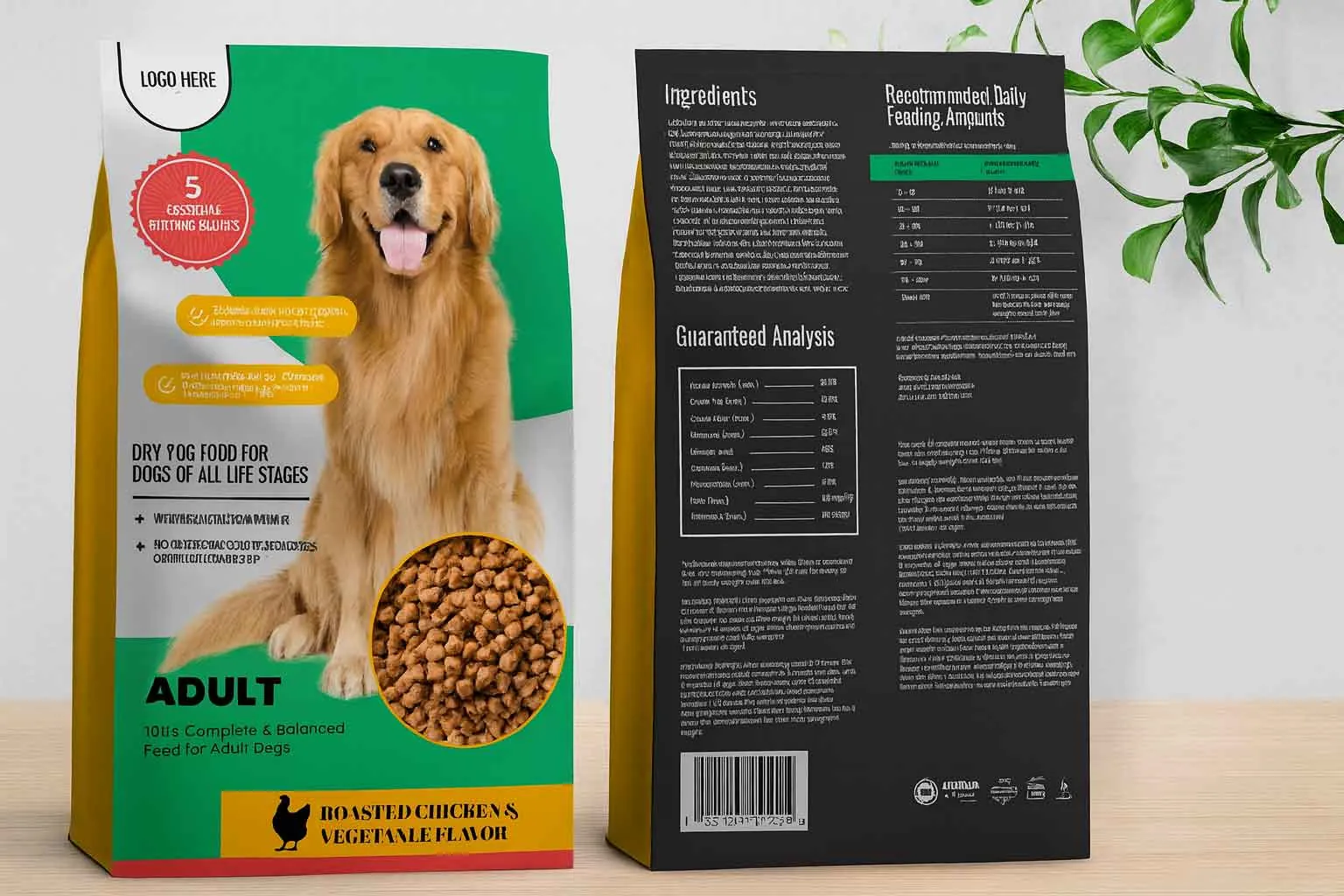 Two bags of dog food sit on a counter near a scale.