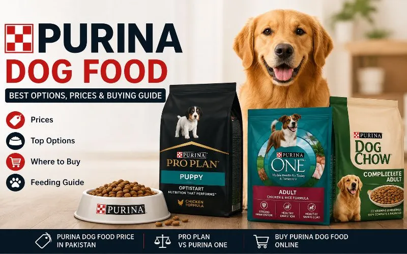 Two bags of dog food sit side by side on a store shelf.