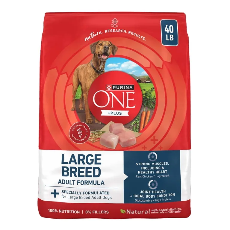 Various sizes of dog food bags sit side by side on a retail shelf.